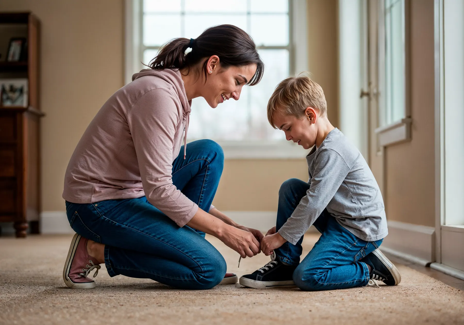 A carer kneeling to help a young boy tie his shoelaces